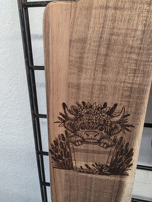 Large Wooden Paddle Cutting Board Burned-In Floral & Nature Design Brown