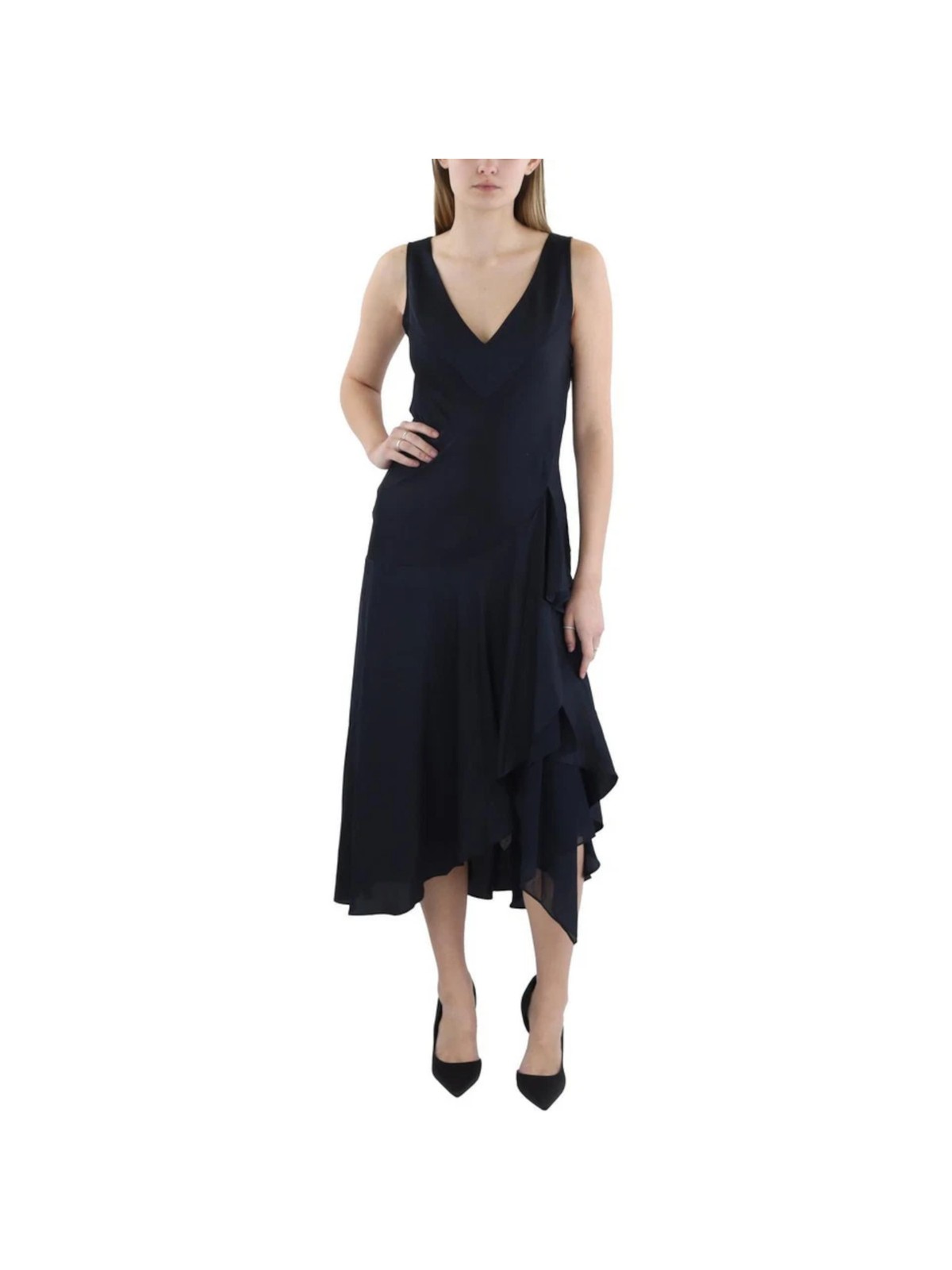DONNA KARAN NEW YORK Womens Navy Asymmetric Unlined Sleeveless Midi Dress 2