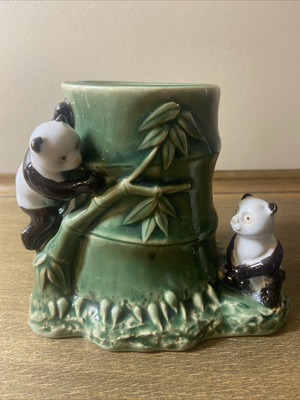 Vintage Majolica Panda Bamboo Ceramic 4 3/4  Planter Vase Desk Caddy Marked B-40