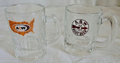 2  A&W Root Beer Mini Mugs Heavy Glass Red Arrow Circle & USA Log