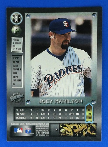 1996 Metal Universe Joey Hamilton #236 BASEBALL CARD San Diego Padres Platinum - Picture 2 of 2