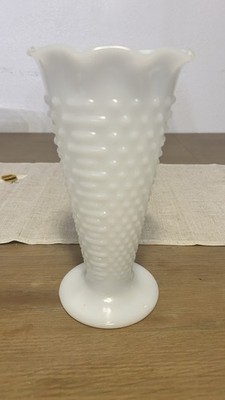 Vintage White Milk Glass Hobnail Ribbed Vase Ruffled Rim 10.5 