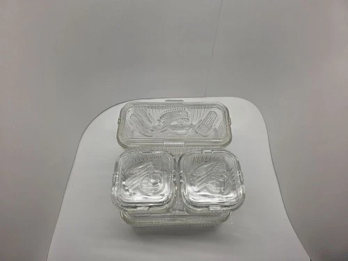 Vintage Federal Glass Vegetable Pattern Refrigerator Dish Set of 4 With Lids
