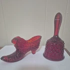 Lot Of 2 Fenton Ruby Red Hobnail Cathead Shoe And Hobnail Bell