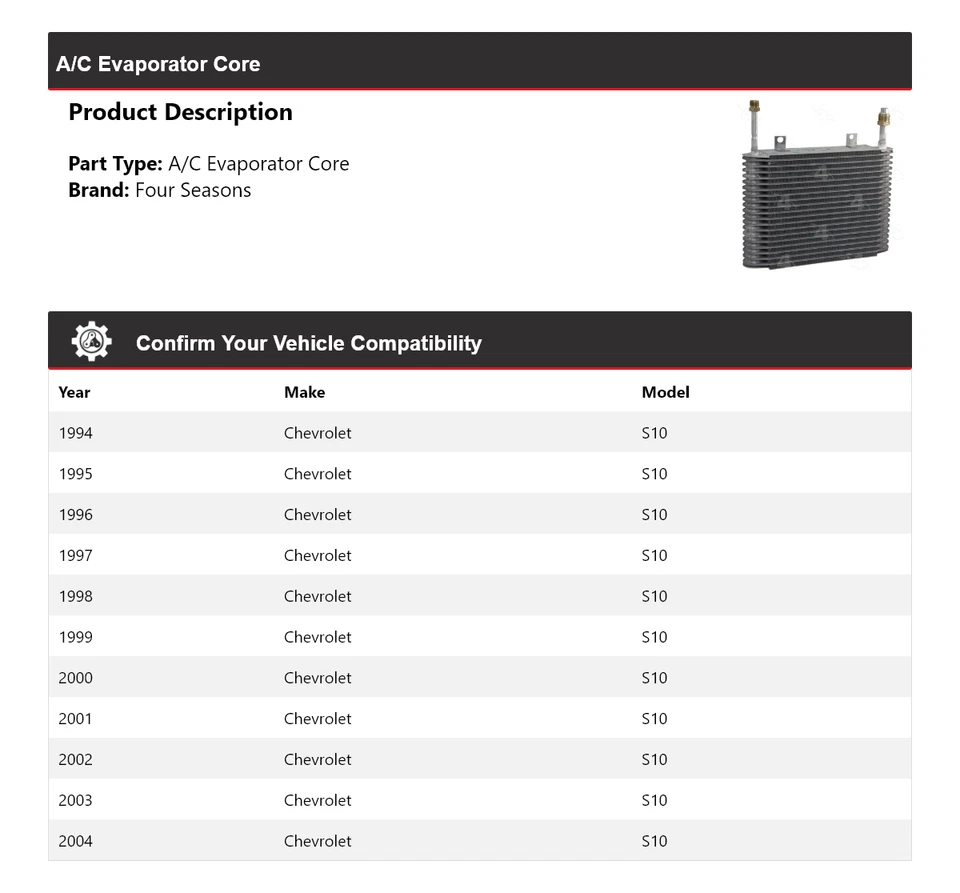 适用于 1994 - 2004 年雪佛兰 S10 空调蒸发器核心 4 季 1996 1997 1998 — 第 2/4 张图片