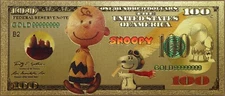 $100 Charlie Brown Peanuts Cartoon Novelty 24K Gold Foil Plated Note Bill GFN81
