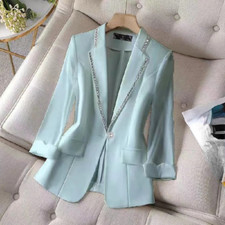 Women Suit Jacket Blazer Dress Lapel One Button Rhinestone Glitter Office Formal