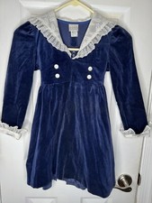 Vintage 80s Girls Ruth of Carolina Dress Size 6X Blue Velvet Lace Made In USA