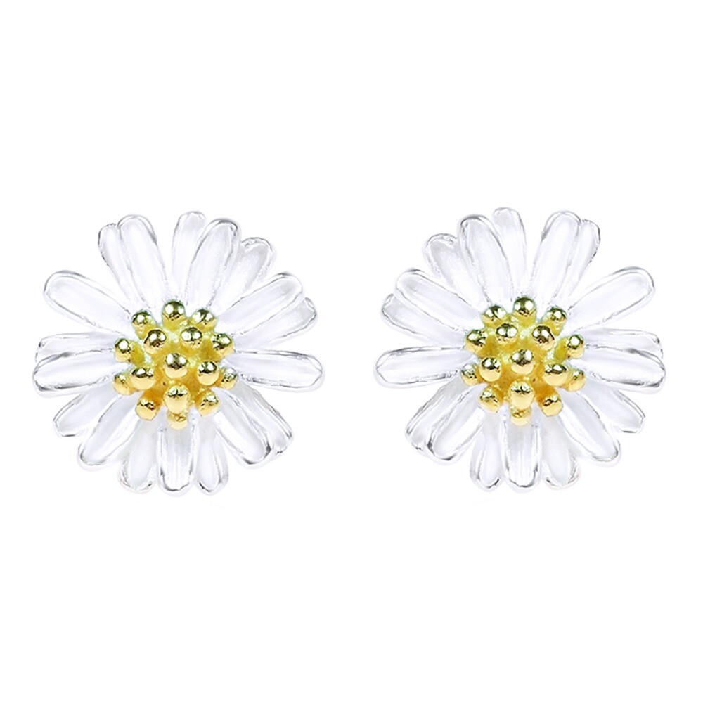 Cute Mini Floral Flower Stud Earrings 14K White Gold Plated