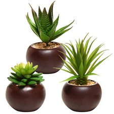MyGift Set of 3 Potted Artificial Mini Succulent Plants in Brown Round Pots