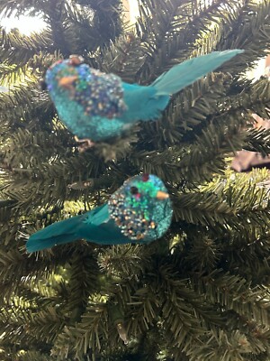 Gisela Graham 2er Set blau Glitzer Vogel Christbaumschmuck Metall Klammer Clip