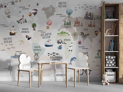 3D Animals Plants Ship World Map Self-adhesive Removable Wallpaper Murals