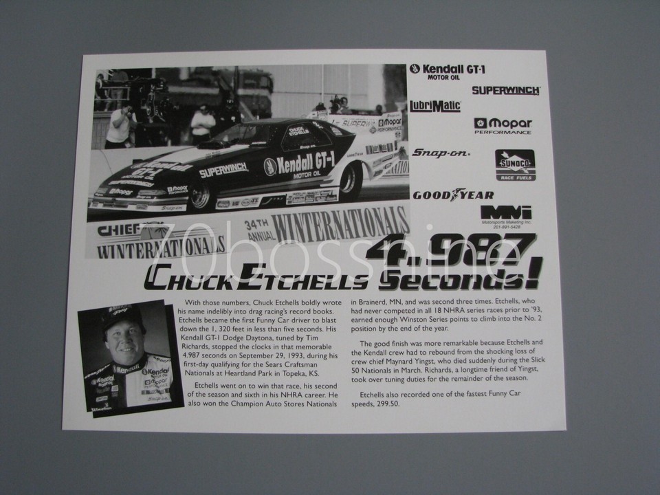 CHUCK ETCHELLS 1994 KENDALL GT-1 FUNNY CAR NHRA DRAG 8X10 RACING ...