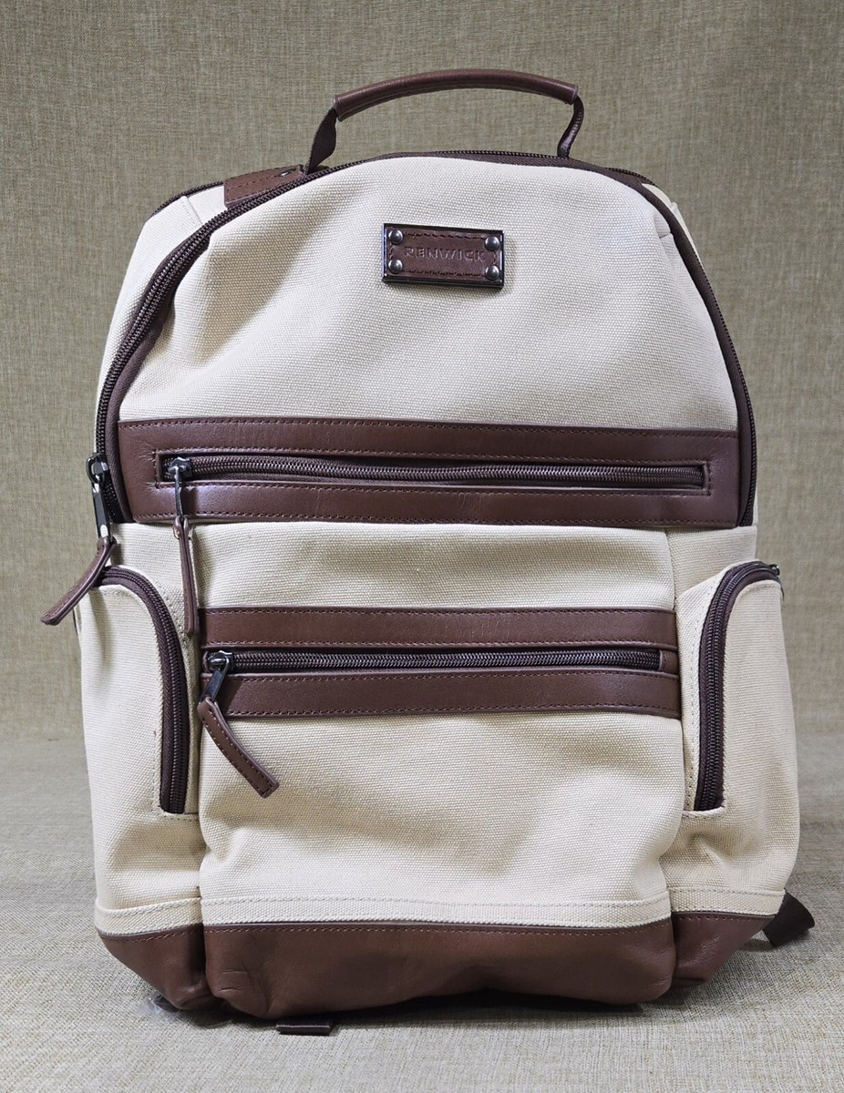 New Renwick RFID Laptop Backpack Tan With Brown Leather Trim