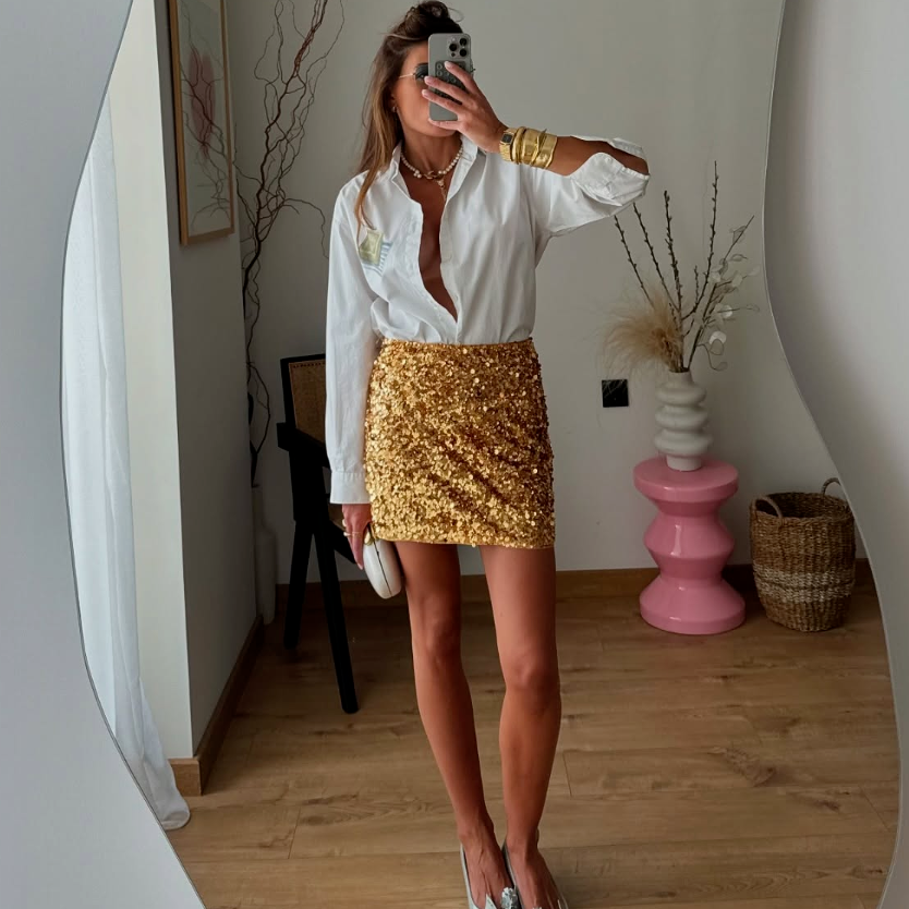 ZARA ❤️ SS24 GOLD SEQUIN MINI SKIRT ZW COLLECTION sz S | eBay