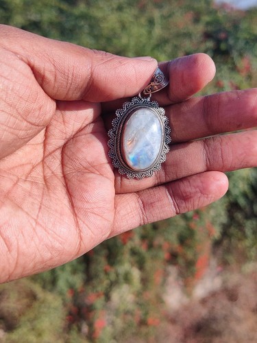 Rainbow Moonstone Pendant 925 Sterling Silver Blue Fire Stone Pendant Mom's Gift - Afbeelding 5 van 8