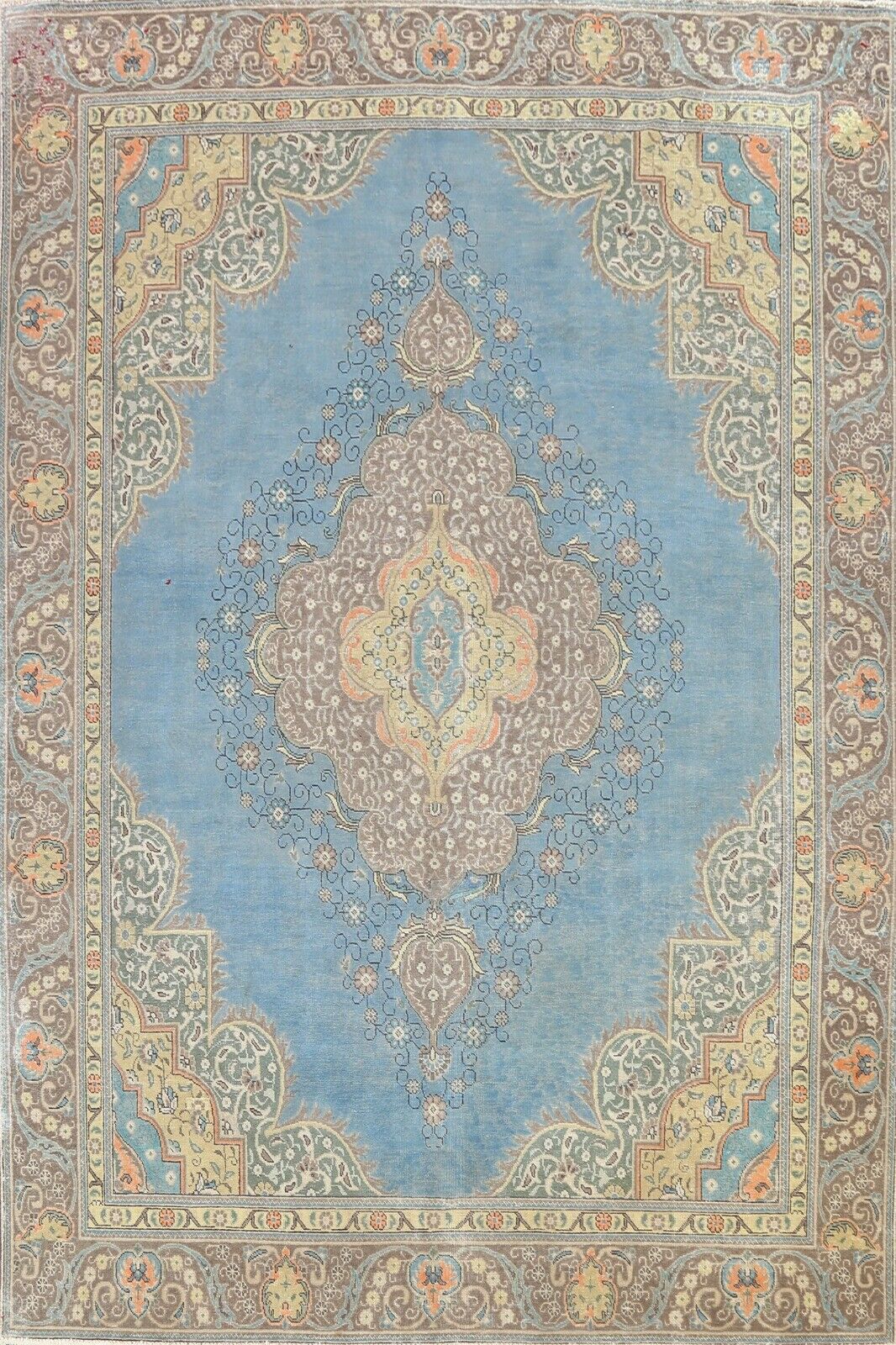 Vintage Light Blue 9'x12' Tebriz Geometric Hand-knotted Area Rug Wool Carpet