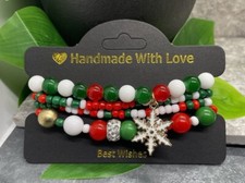 4 PC Handmade Beaded Stackable 7  Plus Stretch Bracelet Set Snowflake New B3701