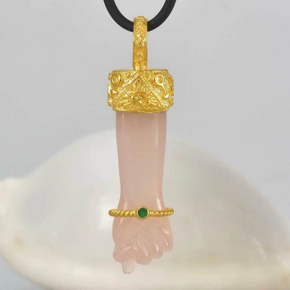 Gold Vermeil Sterling Mano Fico Figa Anhänger Geschnitzt Chalzedon Smaragd 10.64 - Bild 2 von 4