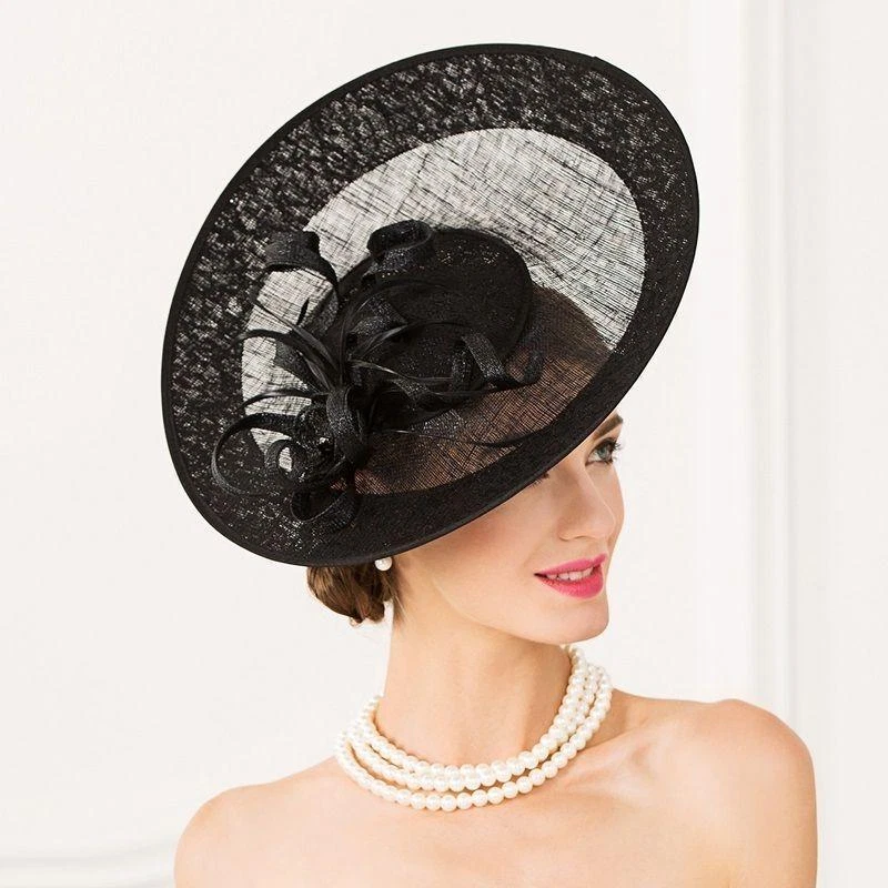 Mujer Kentucky Derby Iglesia Boda Noble Vestido Lino Pluma Sinamay Sombrero Foto 2 de 4
