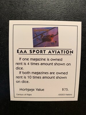 Monopoly    Century Of Flight    EAA SPORT AVIATION     Title Deed Card