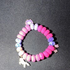 Girls Pink Purple Beaded Stretch Bracelet Unicorn Bow Flower Cartoon Charms