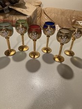 6 Vintage Colored Czech Bohemian Style Goblets, Gold Stems And Rims