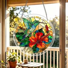 Classic Hummingbird Red Hibiscus Round Acrylic Puzzle Suncatcher Wall Hanging