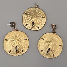 Vintage Real Sand Dollar Pendant Pierced Earrings Gold Plated Set 1 3/8"