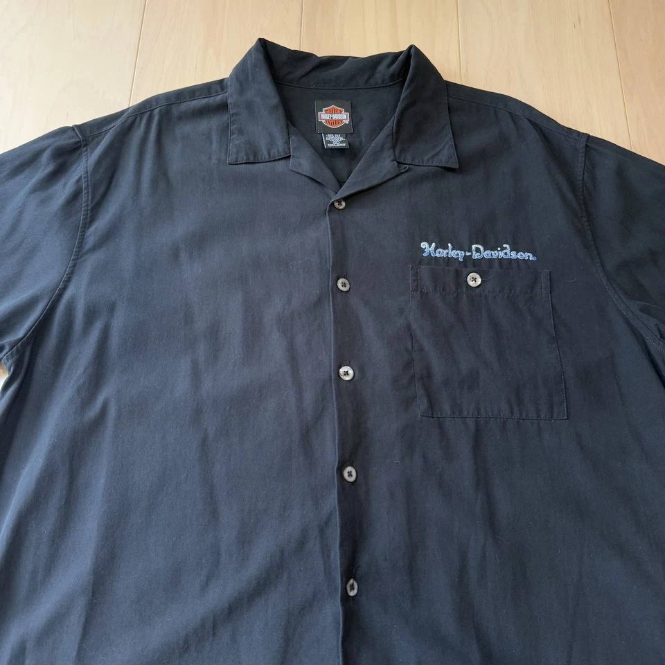Camisa Harley Davidson Seda XL Negra Manga Corta Botón Navidad Motociclista Arte Foto 3 de 4