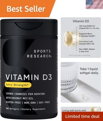 Vitamin D3 5000 IU with Coconut MCT Oil - 360 Softgels for Immune & Bone Health