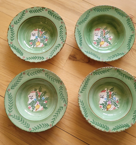 Bella Ceramica Christmas Bowls Set Of 4 Green Pink Primitive Cottage Core 9"