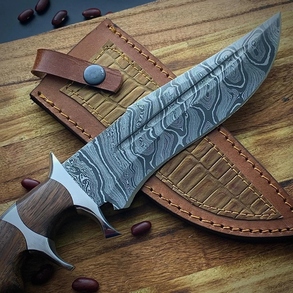 Bowie de caza de acero damasco hecho a mano personalizado de 12", funda de cuero y envío gratuito Foto 2 de 4
