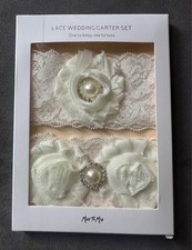 Bridal Wedding Garter Set White Pearl Rhinestone and Lace