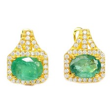 925 STERLING SILVER NATURAL GREEN EMERALD OVAL GEMSTONE  WHITE CZ EARRING