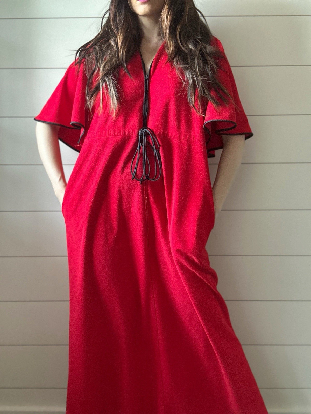 Vintage Vanity Fair Red Fleece House Dress 1970s Butterfly Sleeve 