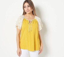 Susan Graver Pure Cotton Slub Knit Top Printed Flutter Sleeve Size S A501352