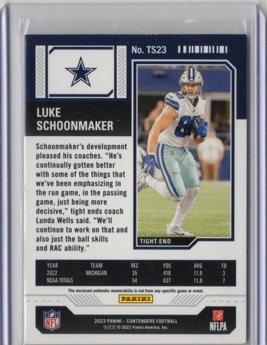 2023 Panini Contenders - Rookie Ticket Swatches Luke Schoonmaker #TS23 (MEM, RC) - Picture 2 of 2