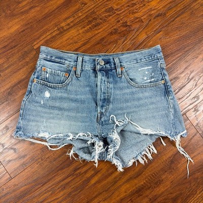 Levis 501 Shorts Womens 28 High Rise Cut Off Light Wash Button Fly Cotton 29x2