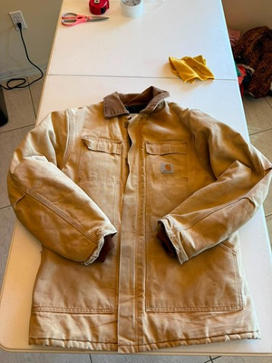 #ad Carhartt Duck Canvas Chore Jacket Quilt Lined Tan Distressed Men#x27;s XL Workwear $38.49