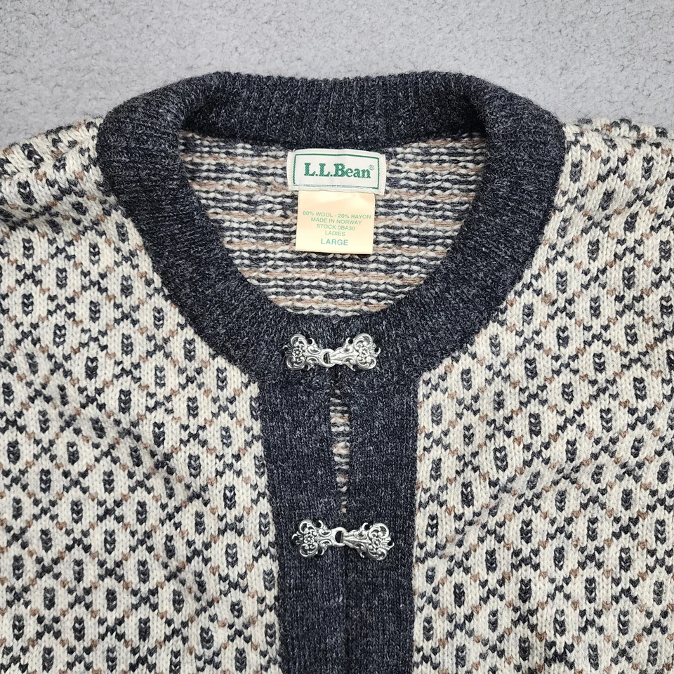 Vtg LL Bean Cardigan Sweater Womens Large Wool Fisherman Birdseye Clasp Norway - Image 2 of 4