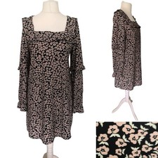 Women Summer Dress UK 16 Floral Square Neck Black Pink Long Sleeve Boho NEW