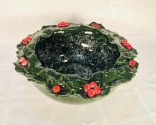 Vtg 1958 Riddell Holly Berry Christmas PUNCH BOWL California Pottery 10" Green