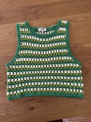 Beginning Boutique Crochet Tank Top Sleeveless Striped Green White Small Size 6