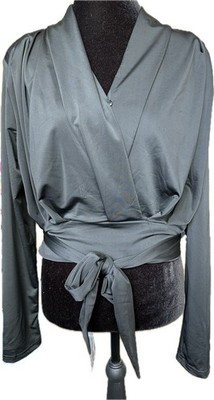 She Vera Gray Satin Wrap Tie Long Sleeve Blouse Women's L