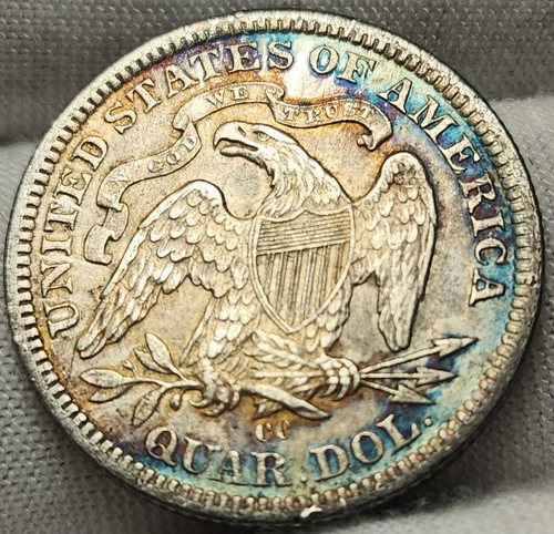 🌈 1877 CC Seated Liberty Silver Quarter Carson City, Nice Toning, AU Dtls Q99cc