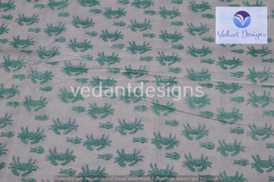 5 Yard Indian Hand Block Crab Print Pure Cotton Running Fabric Green