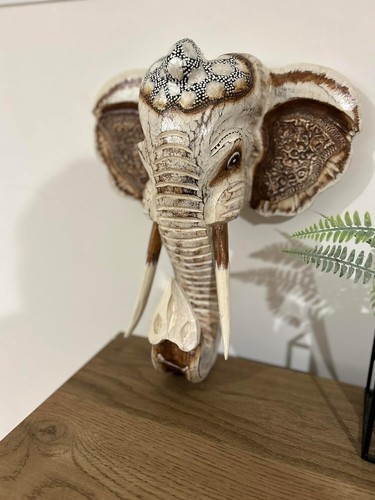 Handcrafted Wooden Elephant Head Wall Decor, 40cm x 38cm x 14cm, Brown & Beige - Picture 3 of 6