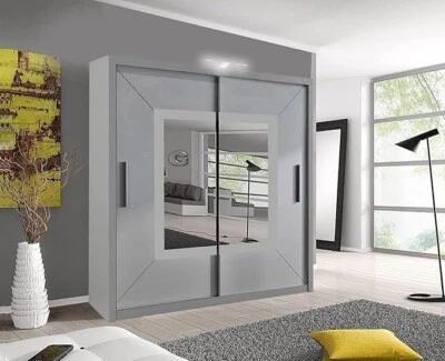 RAC3 Bedroom Sliding Wardrobe with LED Mirror & Drawers Modern White Sliding Wardrobe
