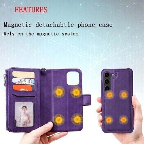 For Samsung S25 S24 S23 S22 S21 Note20 Detachable Zip Leather Wallet Case Cover - Picture 5 of 94